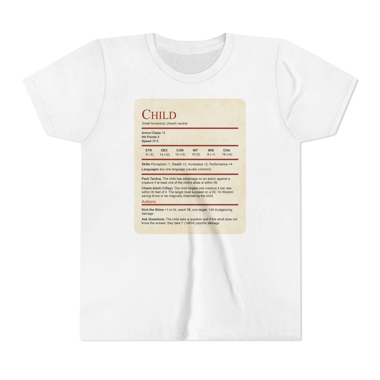 D&D Kids Shirt Child Stat Block Sunburst RPG