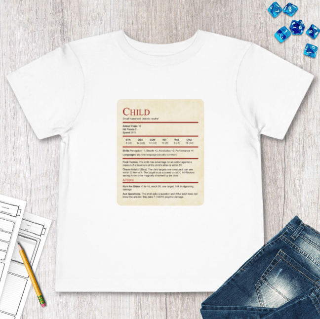 D&D Toddler Shirt Child Stat Block Sunburst RPG