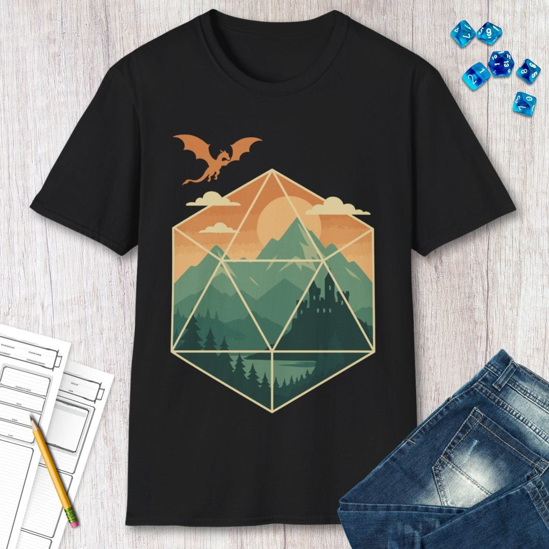 D20 Mountain Landscape T-Shirt Sunburst RPG