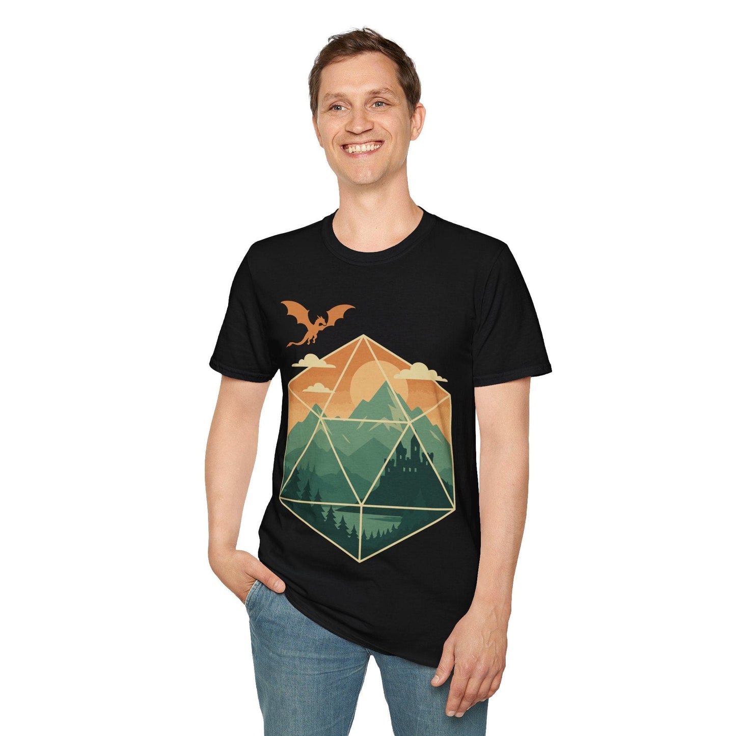 D20 Mountain Landscape T-Shirt Sunburst RPG