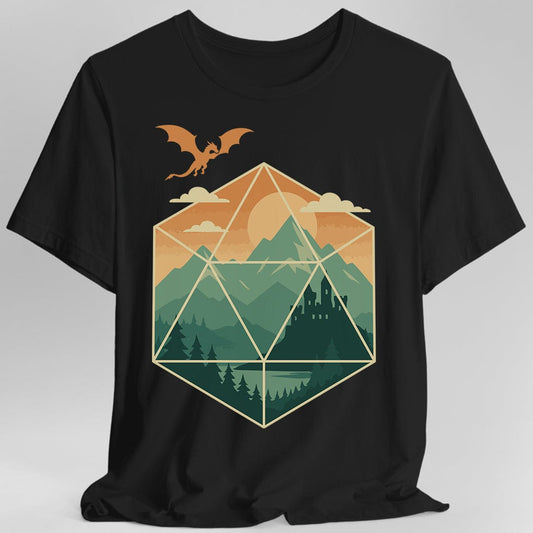 D20 Mountain Landscape T-Shirt Sunburst RPG
