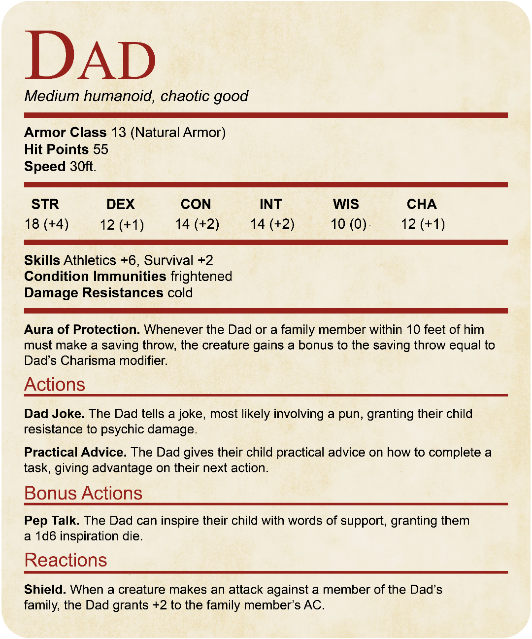 DnD Dad Shirt With Stat Block Sunburst RPG