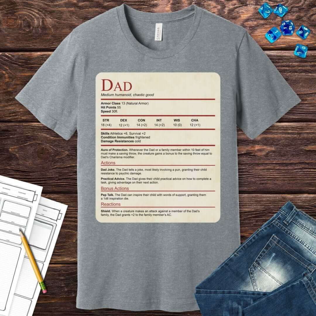 DnD Dad Shirt With Stat Block Sunburst RPG