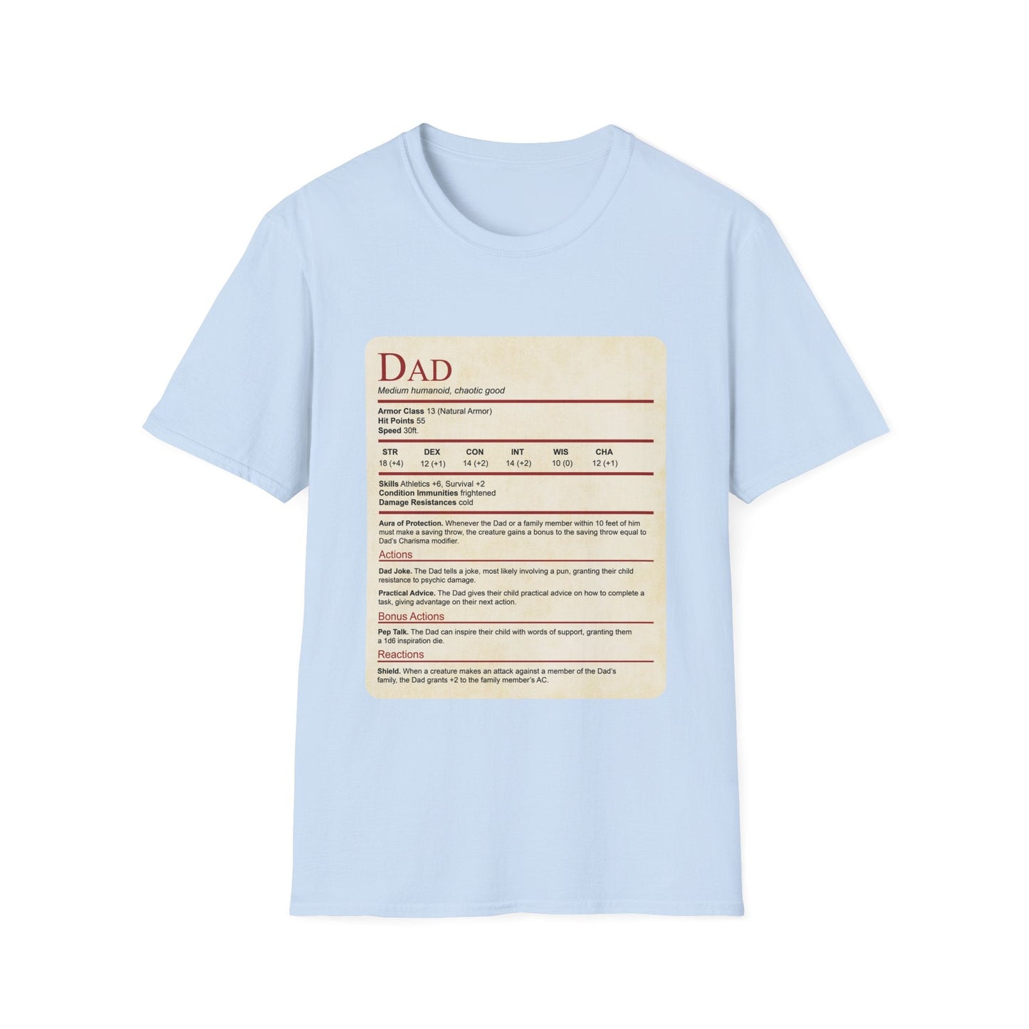 DnD Dad Shirt With Stat Block Sunburst RPG