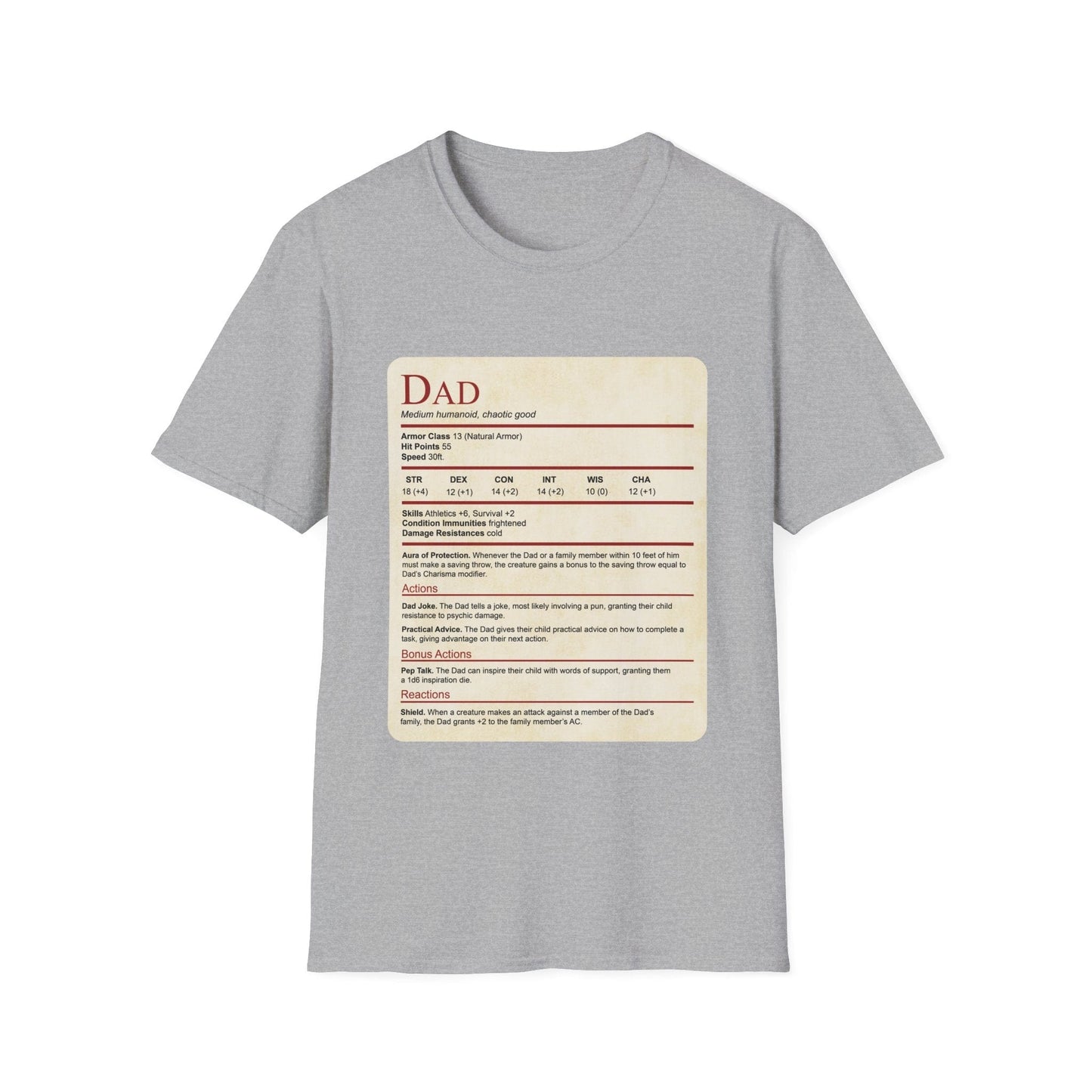 DnD Dad Shirt With Stat Block Sunburst RPG