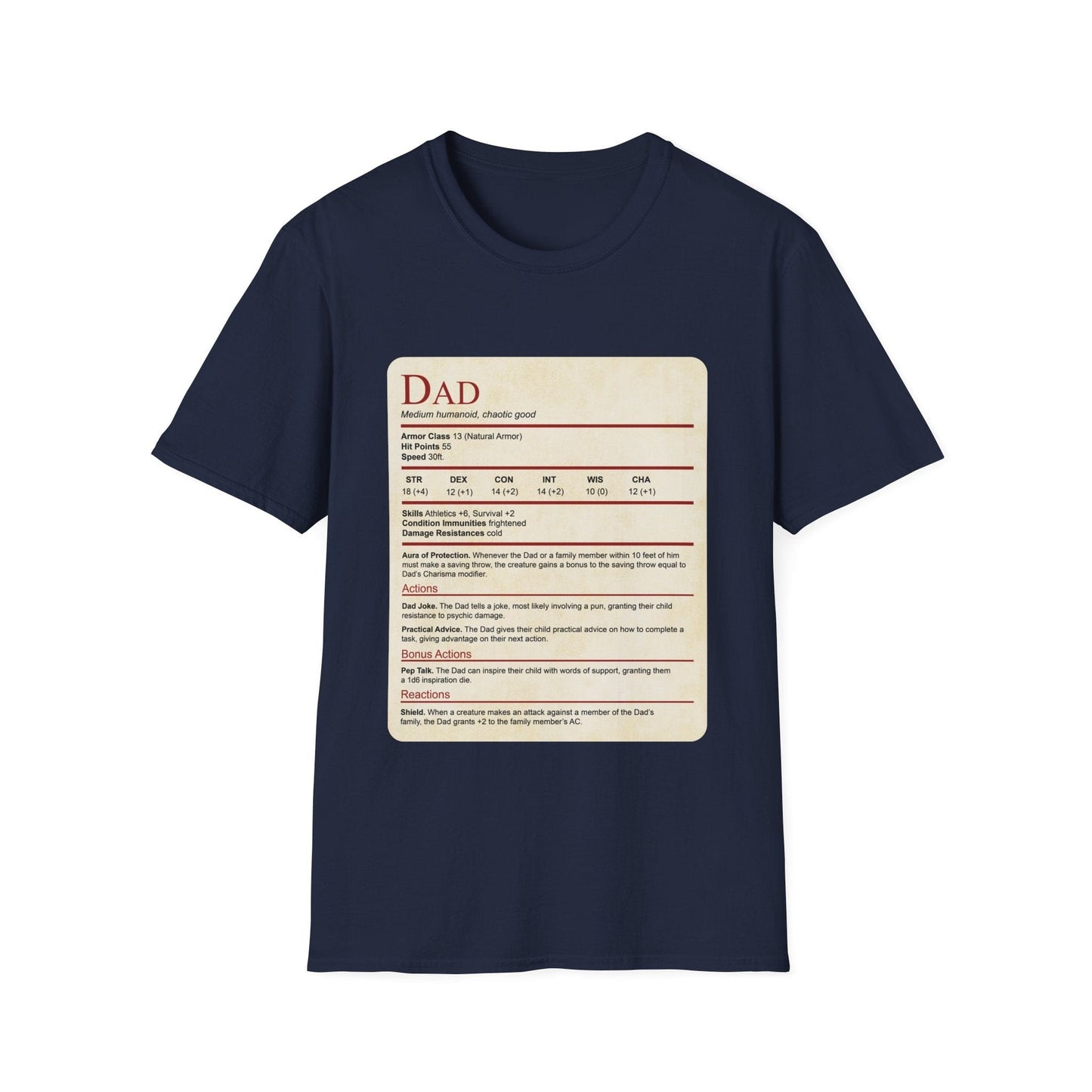 DnD Dad Shirt With Stat Block Sunburst RPG
