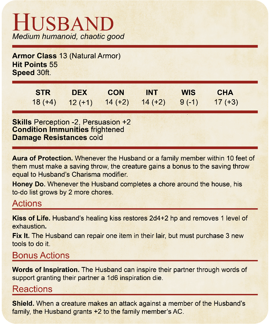 DnD Husband Stat Block T-Shirt Sunburst RPG