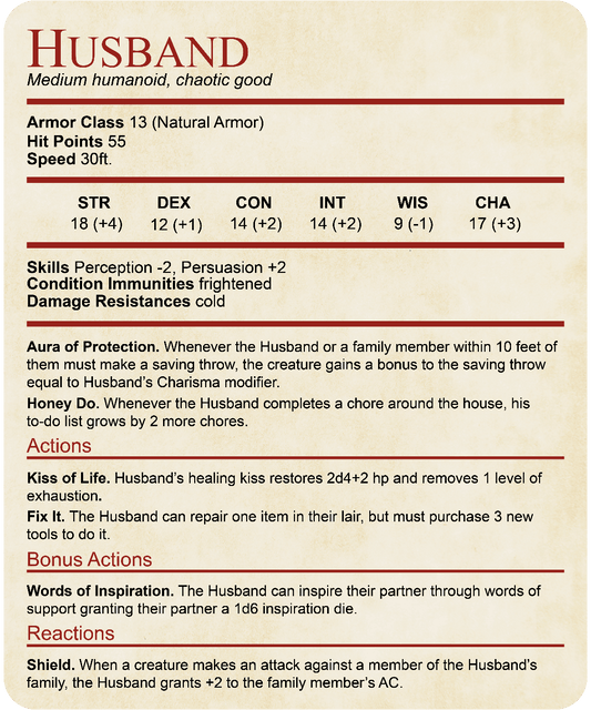 DnD Husband Stat Block T-Shirt Sunburst RPG