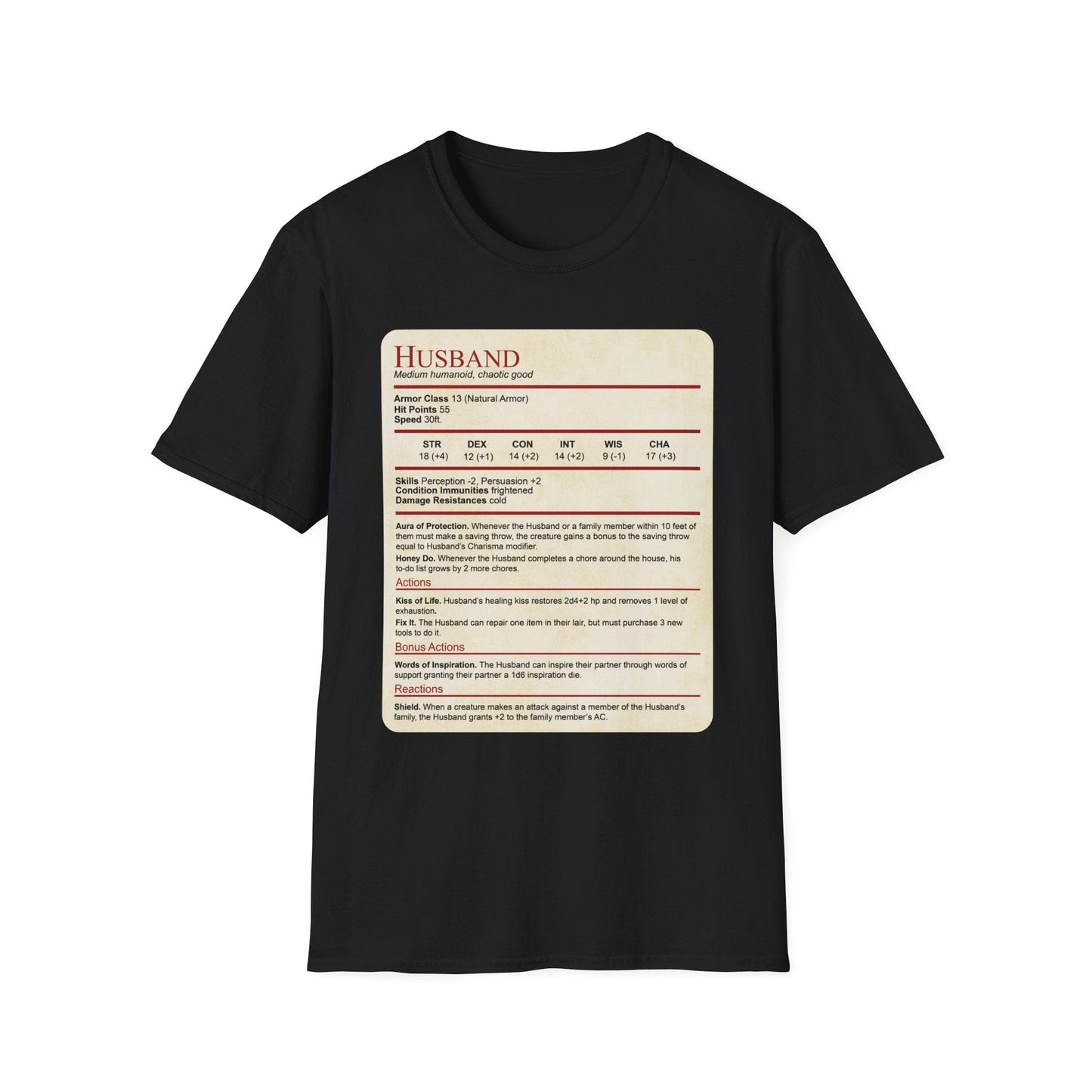 DnD Husband Stat Block T-Shirt Sunburst RPG