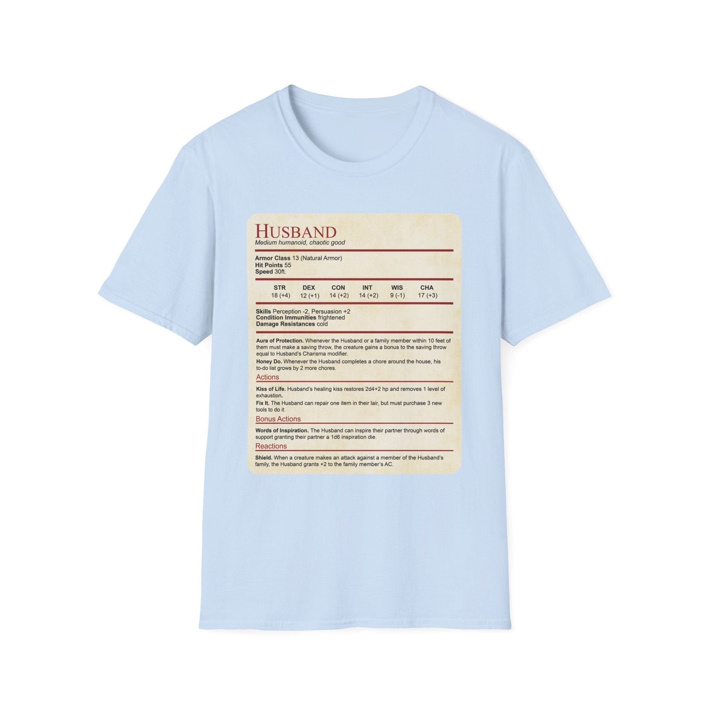 DnD Husband Stat Block T-Shirt Sunburst RPG
