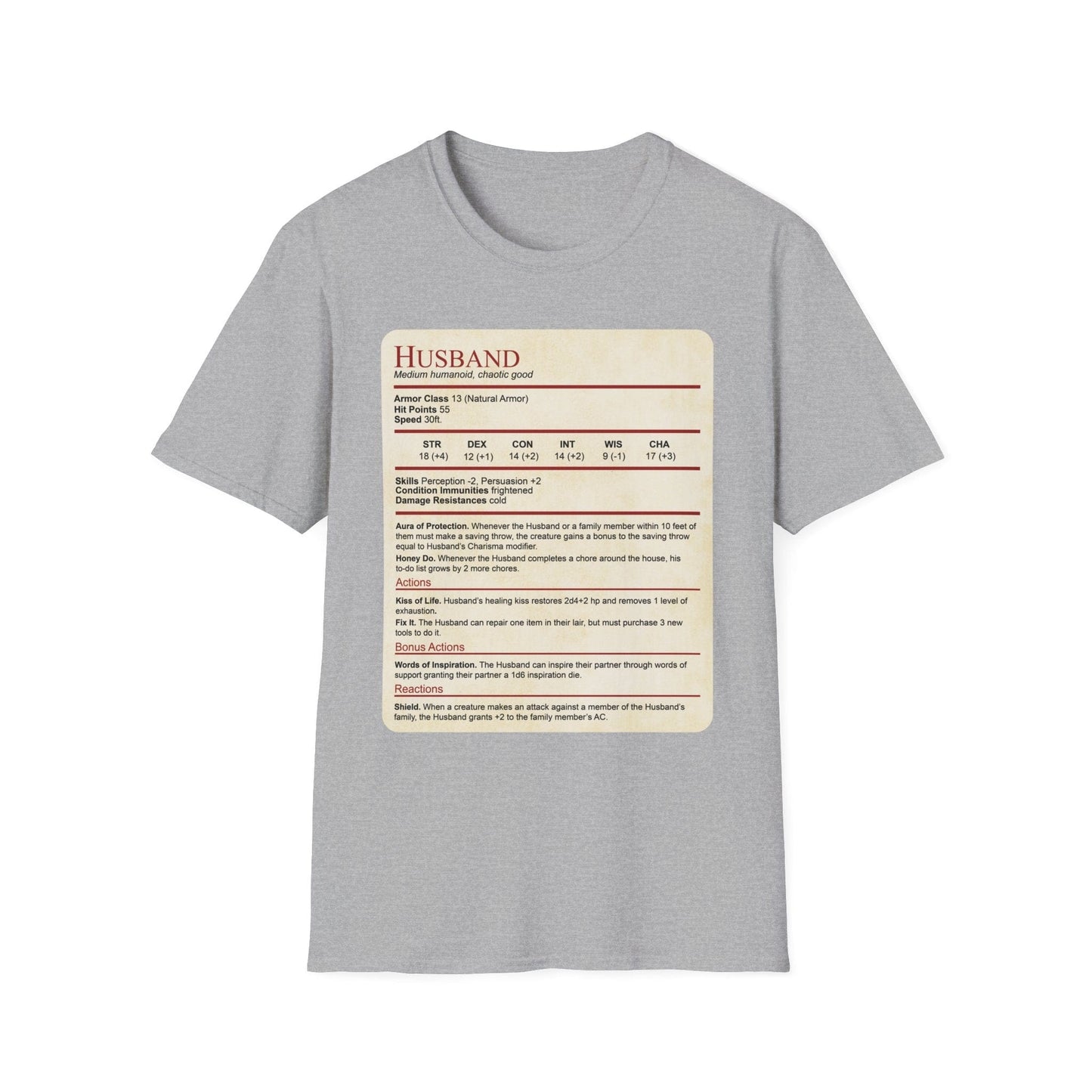 DnD Husband Stat Block T-Shirt Sunburst RPG