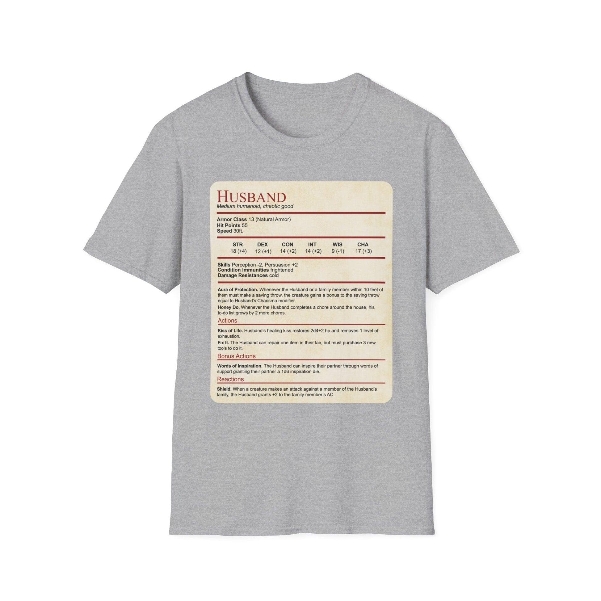 DnD Husband Stat Block T-Shirt Sunburst RPG