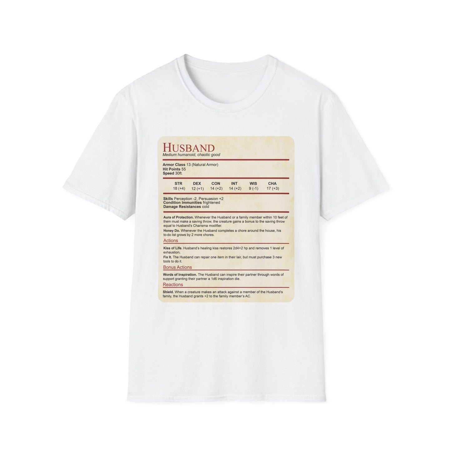 DnD Husband Stat Block T-Shirt Sunburst RPG