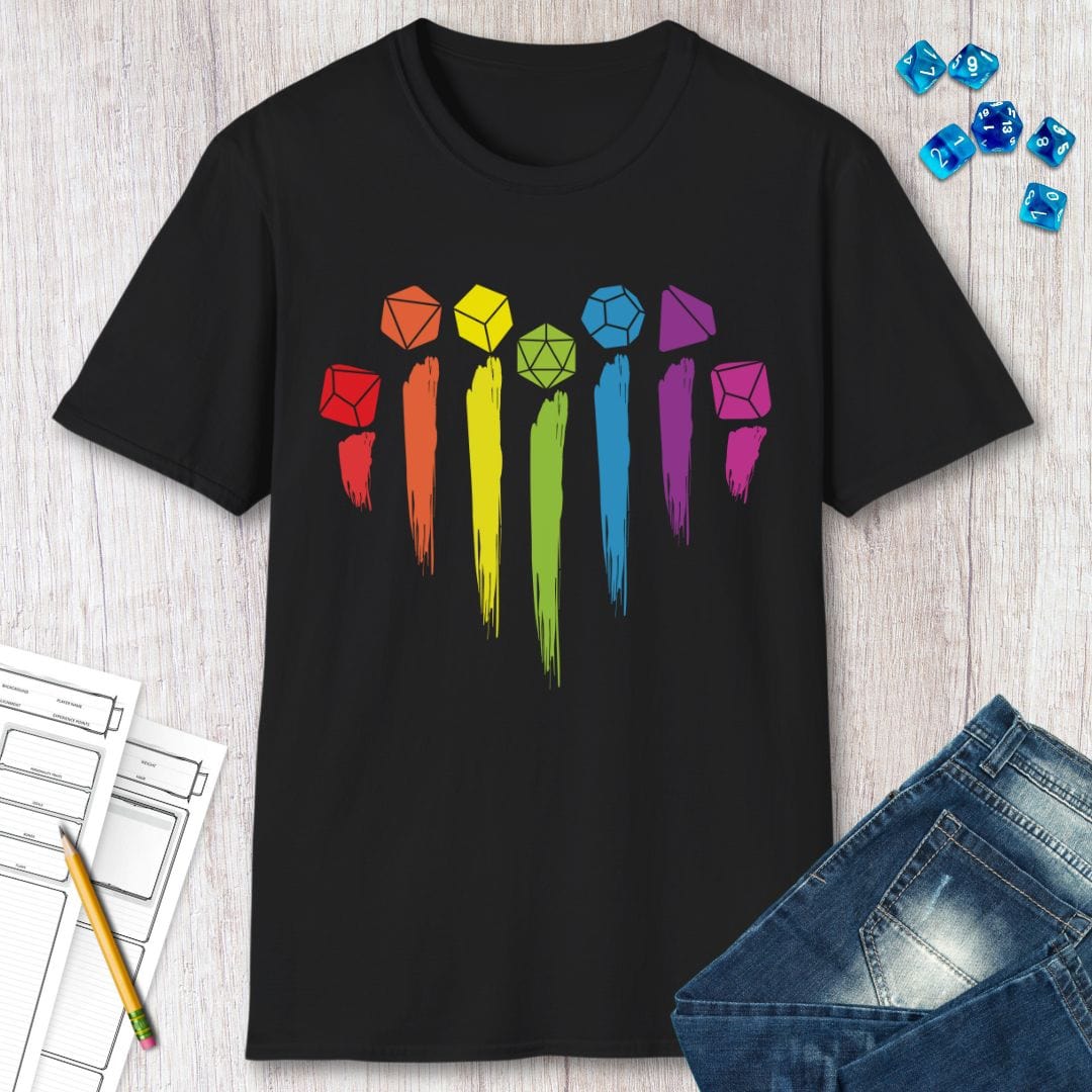 DnD Pride Shirt with Dice Rainbow Sunburst RPG