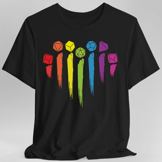 DnD Pride Shirt with Dice Rainbow Sunburst RPG