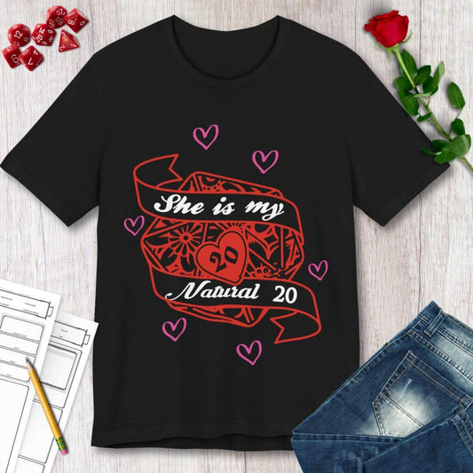 DND Valentines Gift Shirt - She is My Natural 20 - D&D Matching Couples Shirt Sunburst RPG