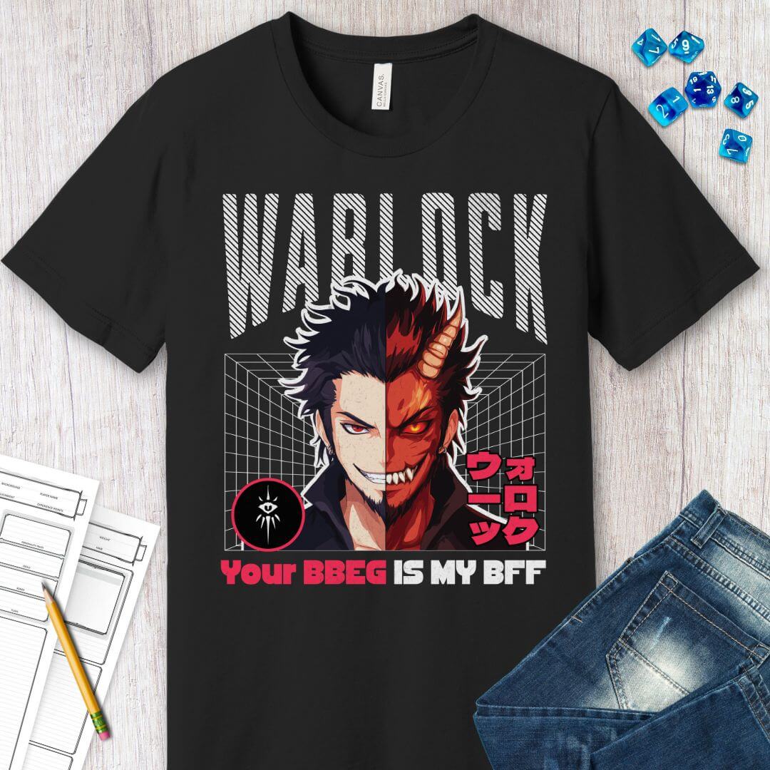 DnD Warlock T-shirt - Your BBEG Is My BFF Sunburst RPG
