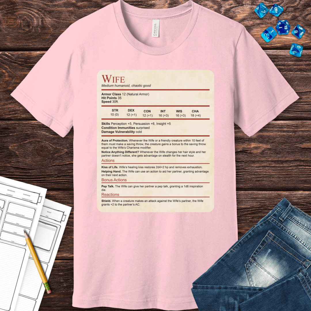 DnD Wife Stat Block T-Shirt Sunburst RPG