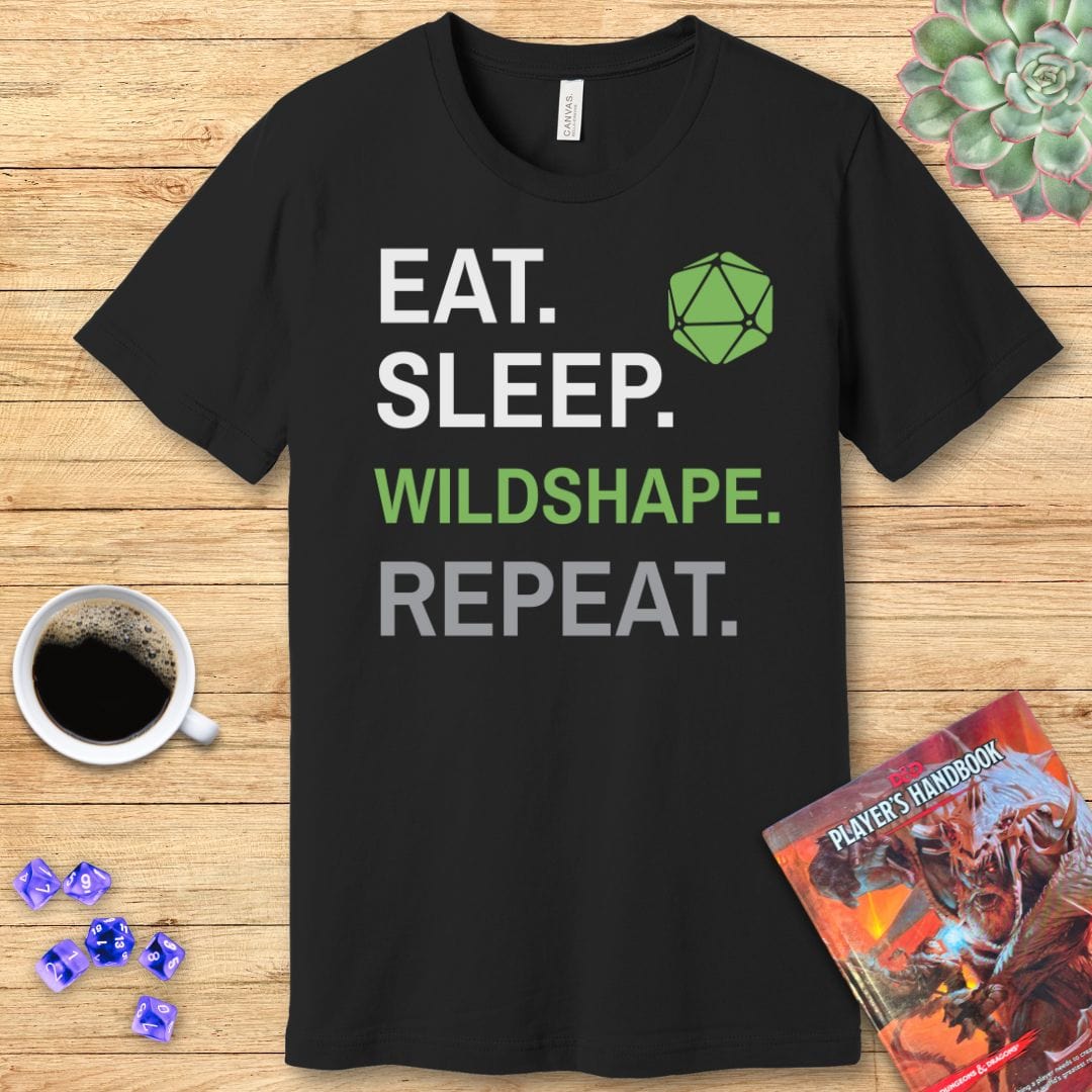 Druid Class T-Shirt – 'Eat, Sleep, Wildshape, Repeat' Sunburst RPG