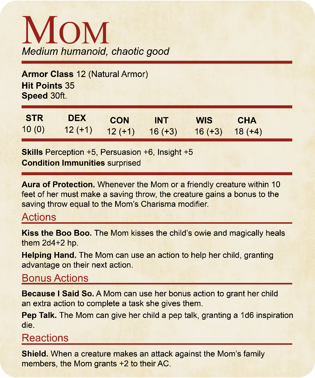 Mom DND Shirt - Funny Stat Block Sunburst RPG