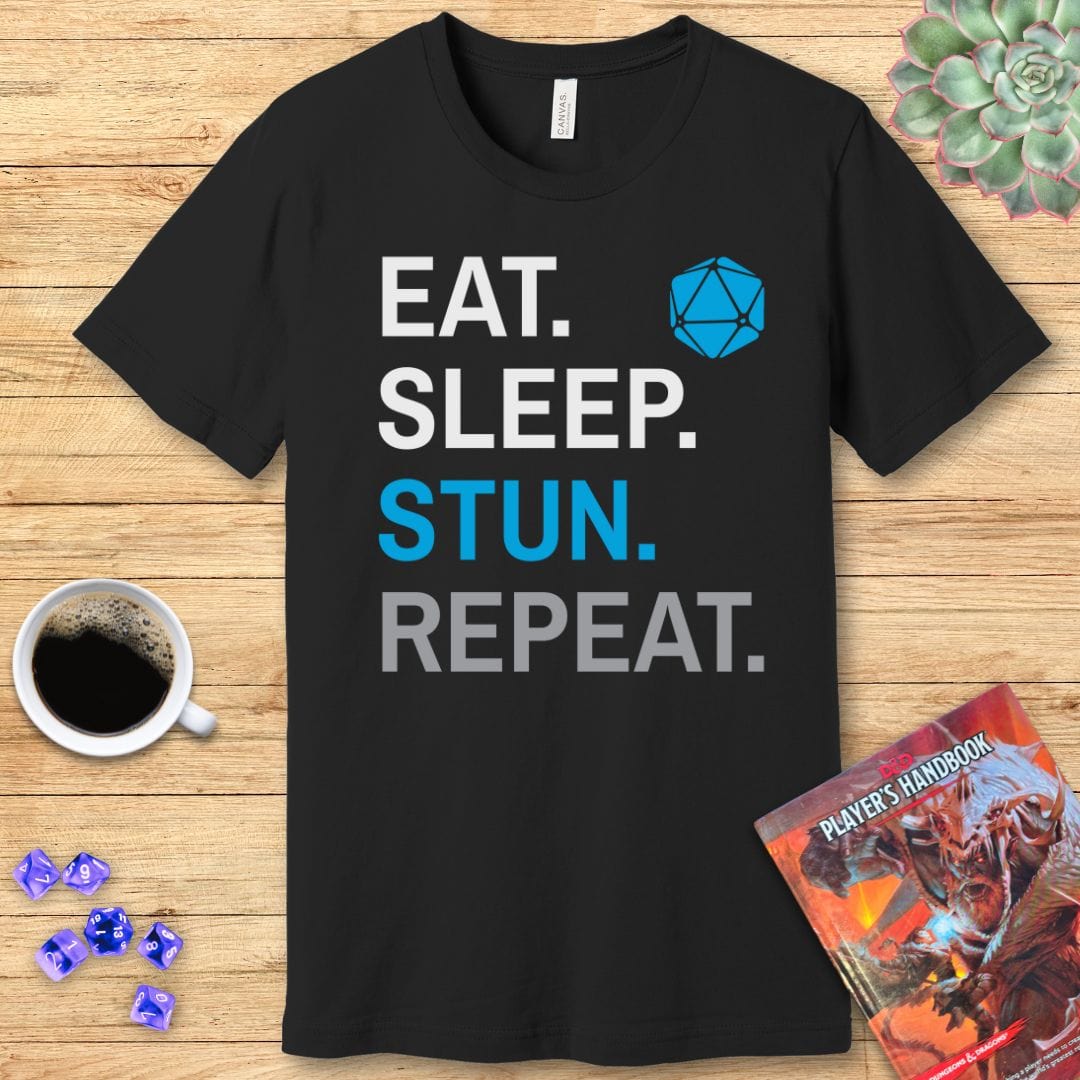Monk Class T-Shirt – 'Eat, Sleep, Stun, Repeat' Sunburst RPG
