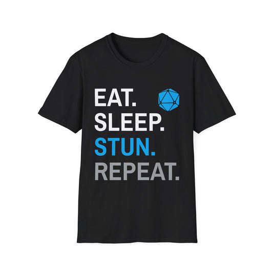 Monk Class T-Shirt – 'Eat, Sleep, Stun, Repeat' Sunburst RPG