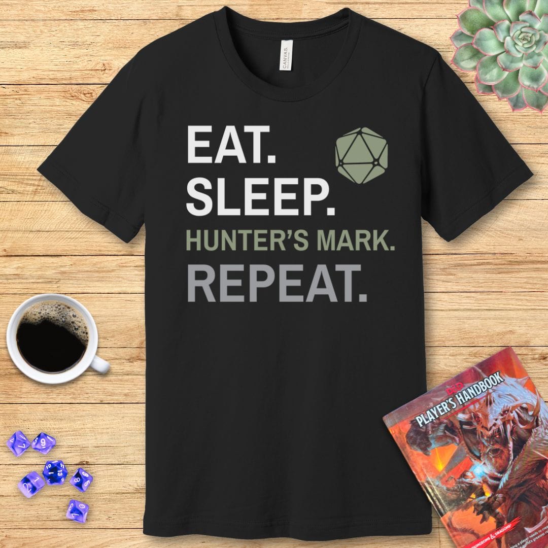 Ranger Class T-Shirt – 'Eat, Sleep, Hunter's Mark, Repeat' Sunburst RPG