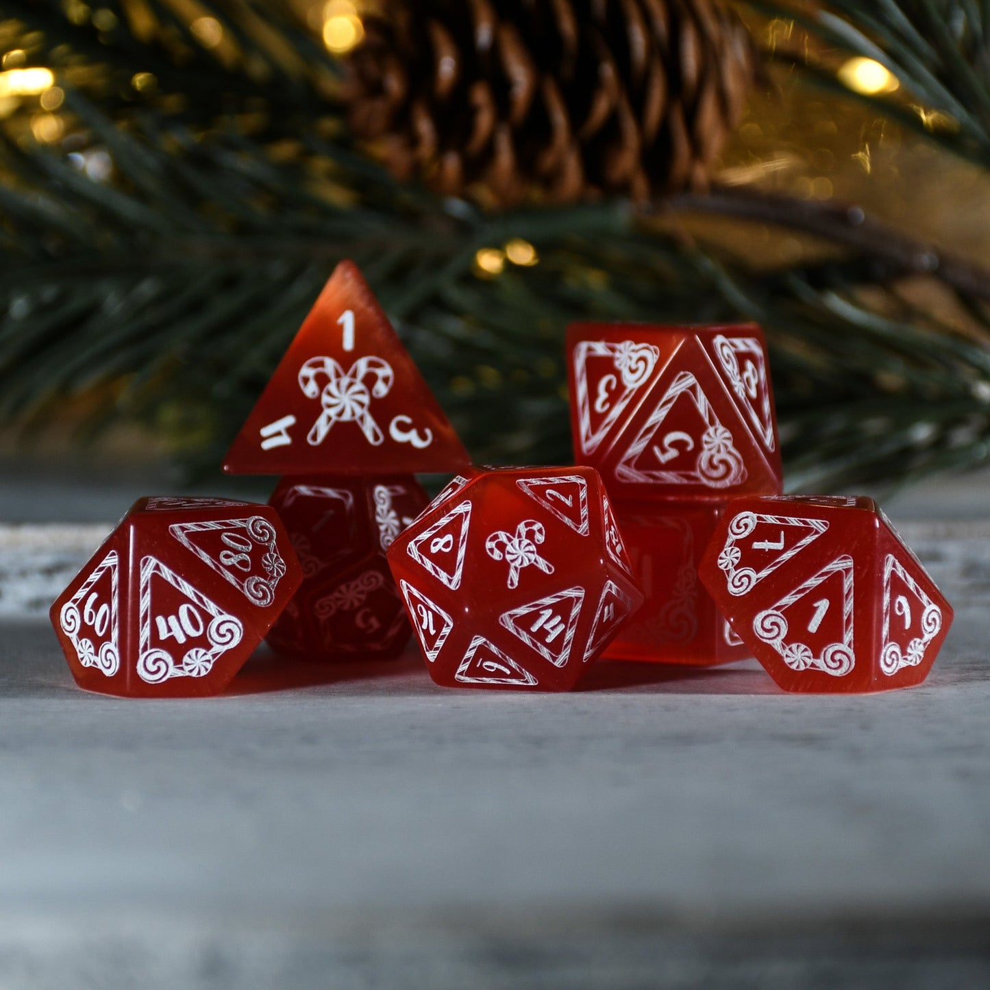 Candy Cane Wonderland - Red Cat's Eye Dice Set Misty Mountain Gaming
