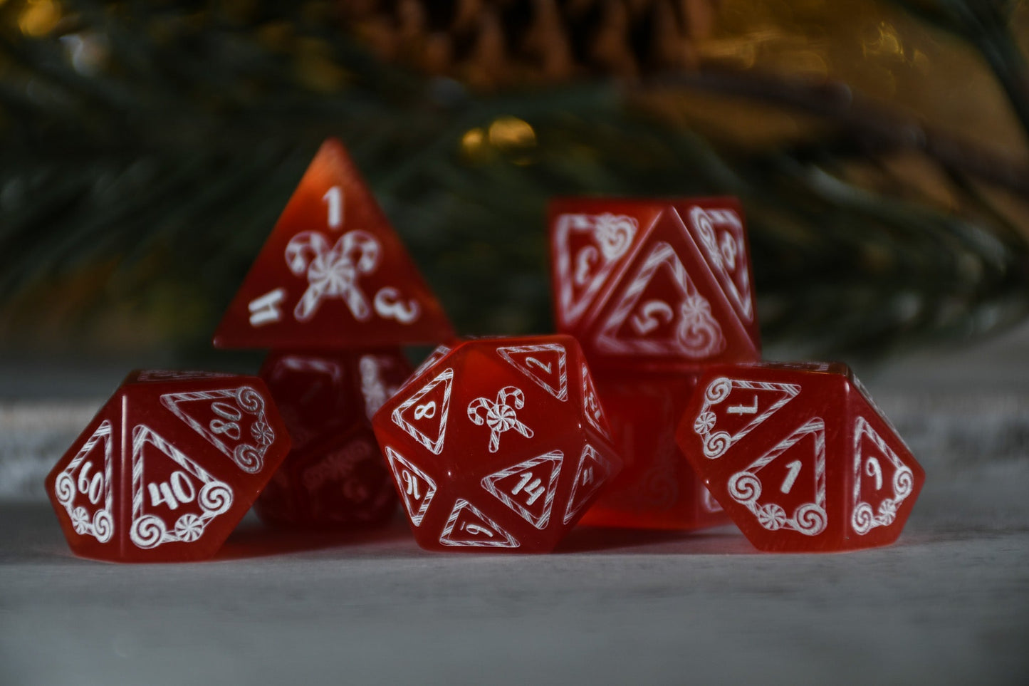 Candy Cane Wonderland - Red Cat's Eye Dice Set Misty Mountain Gaming