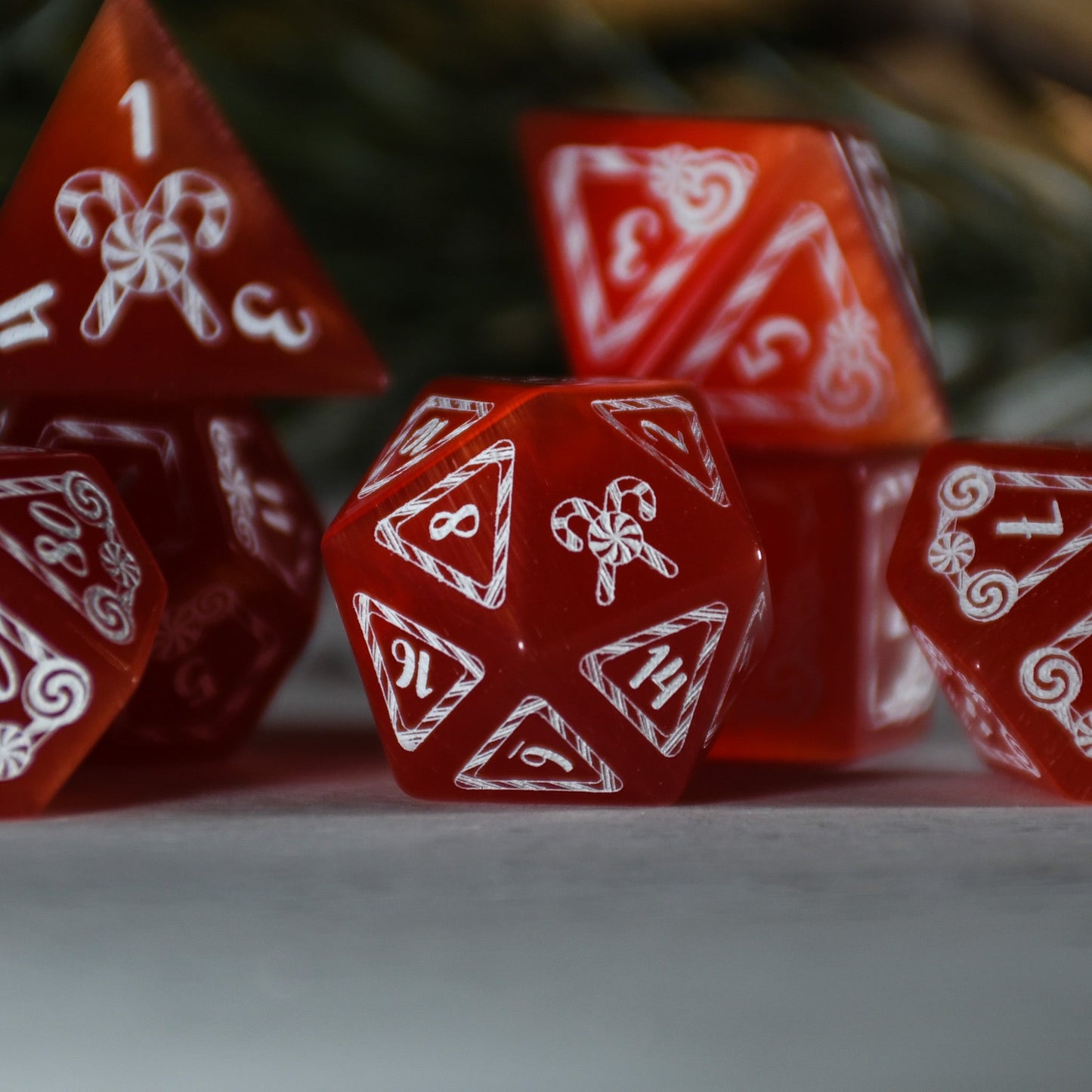 Candy Cane Wonderland - Red Cat's Eye Dice Set Misty Mountain Gaming