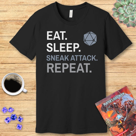 Rogue T-Shirt – 'Eat, Sleep, Sneak Attack, Repeat' Sunburst RPG