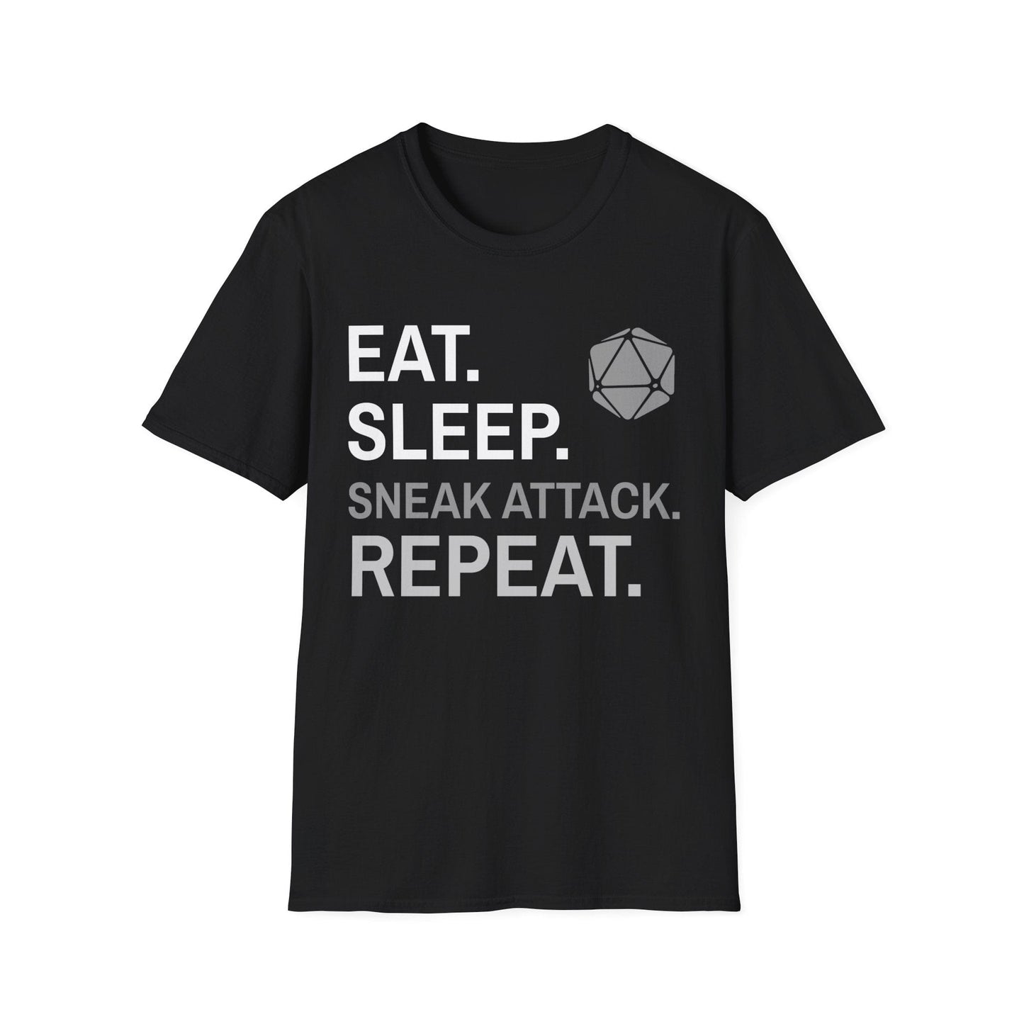 Rogue T-Shirt – 'Eat, Sleep, Sneak Attack, Repeat' Sunburst RPG