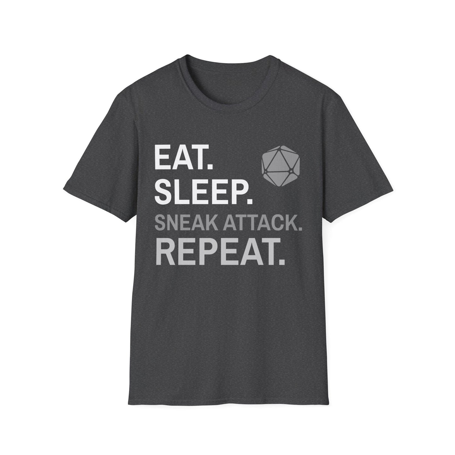 Rogue T-Shirt – 'Eat, Sleep, Sneak Attack, Repeat' Sunburst RPG