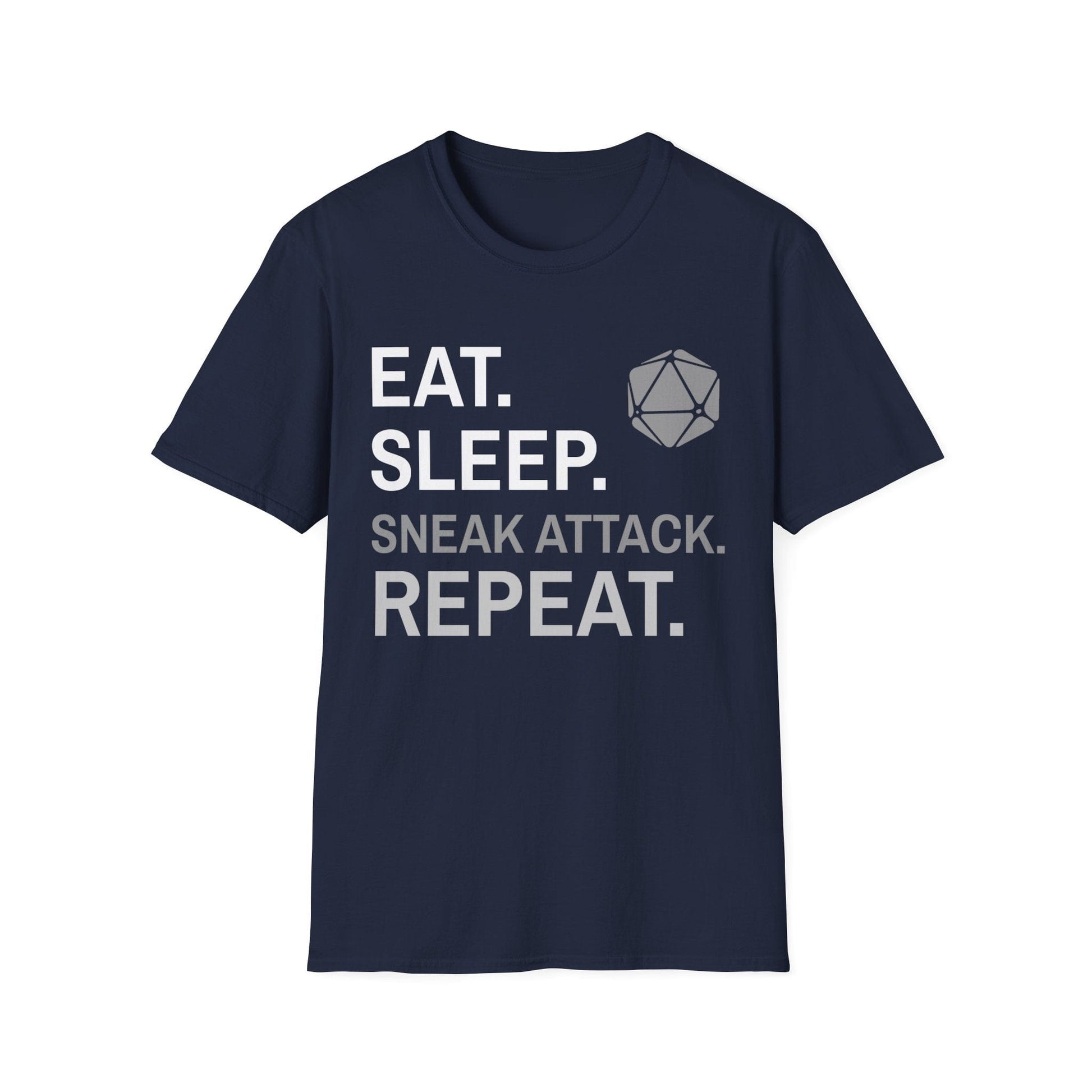 Rogue T-Shirt – 'Eat, Sleep, Sneak Attack, Repeat' Sunburst RPG