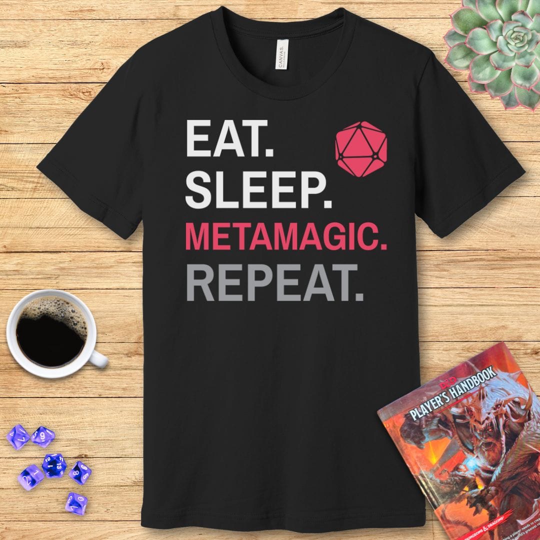 Sorcerer Class T-Shirt – 'Eat, Sleep, Metamagic, Repeat' Sunburst RPG