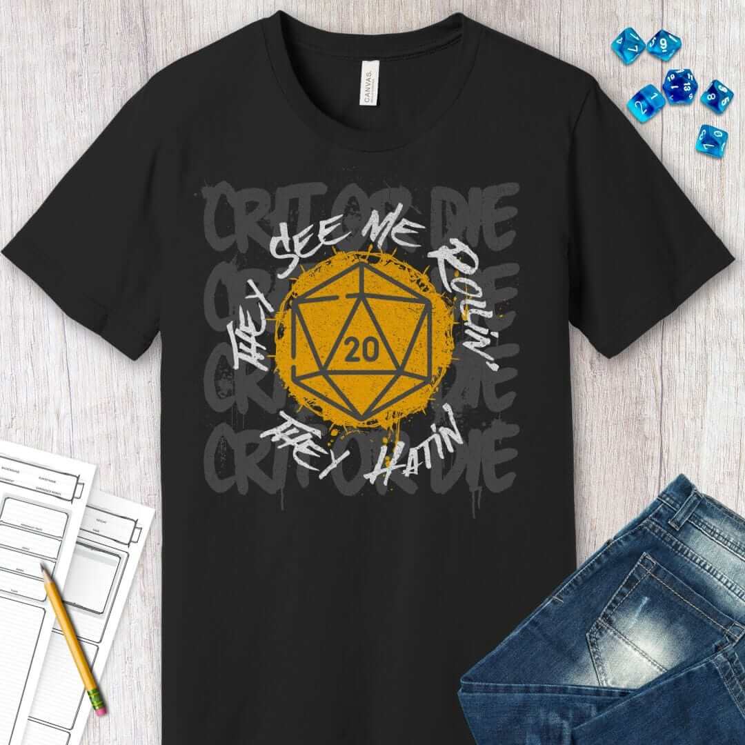 They See Me Rollin They Hatin D20 T-shirt Sunburst RPG