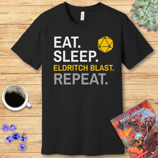 Warlock Class T-Shirt – 'Eat, Sleep, Eldritch Blast, Repeat' Sunburst RPG