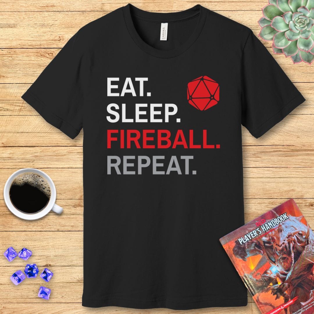 Wizard Class T-Shirt – 'Eat, Sleep, Fireball, Repeat' Sunburst RPG